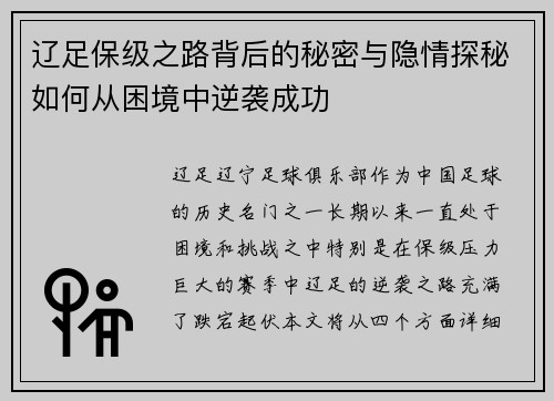 辽足保级之路背后的秘密与隐情探秘如何从困境中逆袭成功