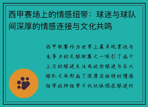 西甲赛场上的情感纽带：球迷与球队间深厚的情感连接与文化共鸣