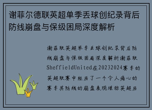 谢菲尔德联英超单季丢球创纪录背后防线崩盘与保级困局深度解析 谢菲尔德联英超单季丢球创纪录背后防线崩盘与保级困局深度解析