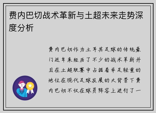 费内巴切战术革新与土超未来走势深度分析 费内巴切战术革新与土超未来走势深度分析