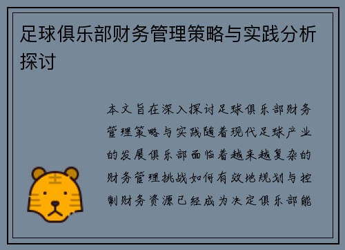 足球俱乐部财务管理策略与实践分析探讨 足球俱乐部财务管理策略与实践分析探讨