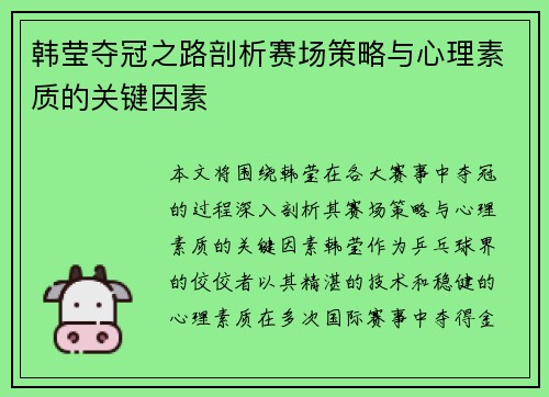 韩莹夺冠之路剖析赛场策略与心理素质的关键因素