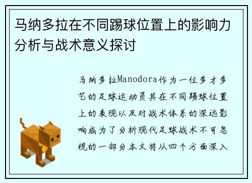 马纳多拉在不同踢球位置上的影响力分析与战术意义探讨
