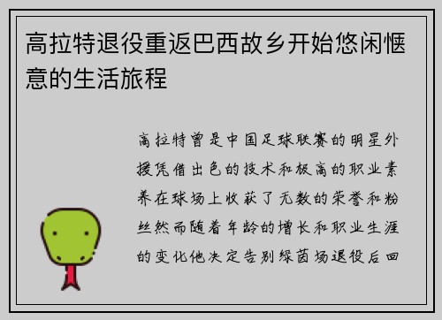 高拉特退役重返巴西故乡开始悠闲惬意的生活旅程 高拉特退役重返巴西故乡开始悠闲惬意的生活旅程