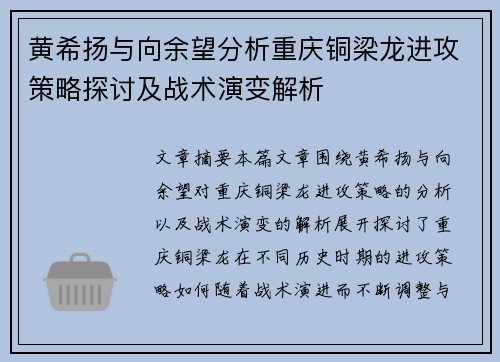 黄希扬与向余望分析重庆铜梁龙进攻策略探讨及战术演变解析